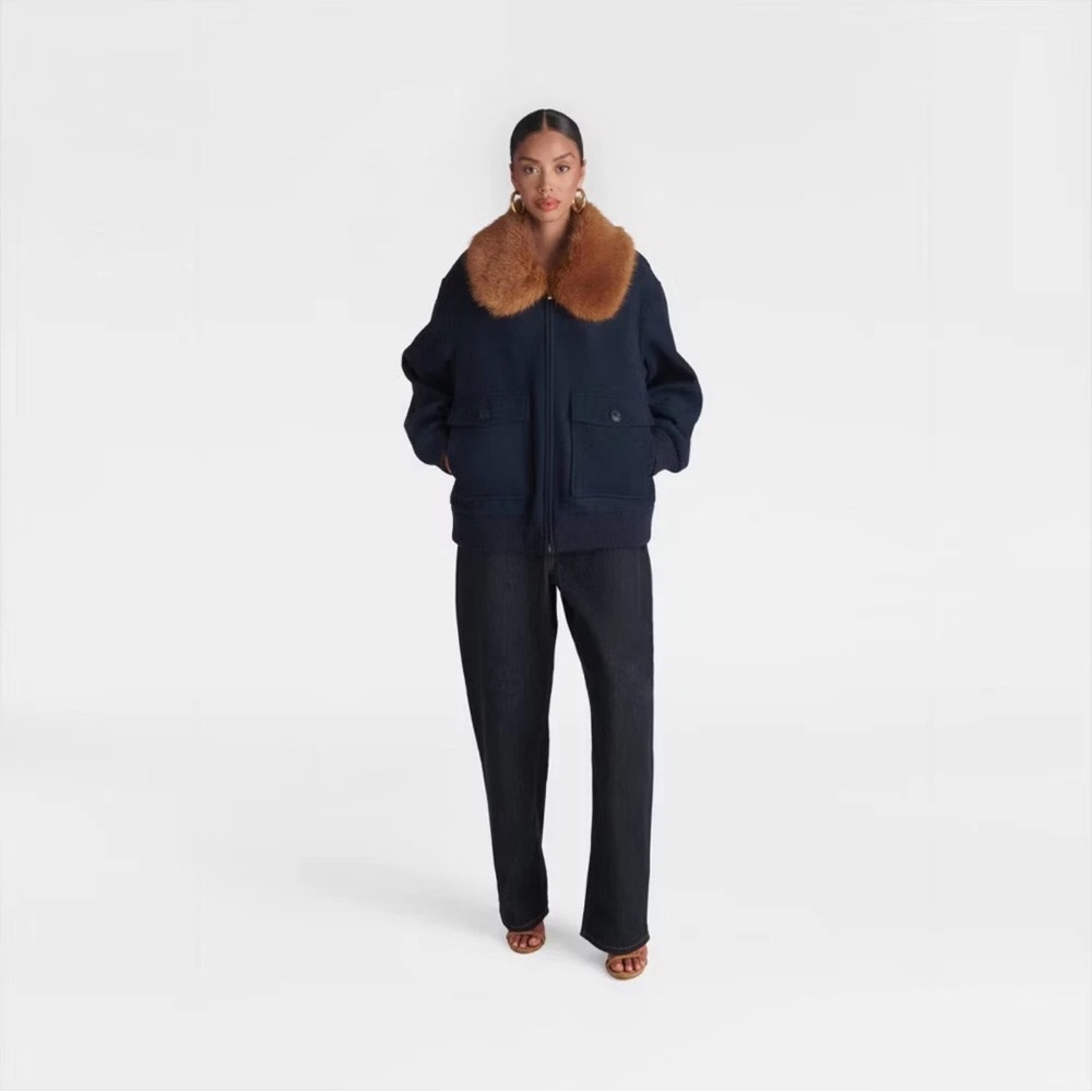 KBB by KAHLANA Women's 'The Faux Fur Collar Bomber' - Navy Blue/Teddy